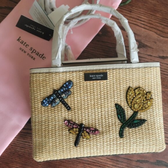 Kate Spade Sam Icon Small Dragonfly Embellished Straw Small Tote Crossbody Purse - Picture 1 of 7